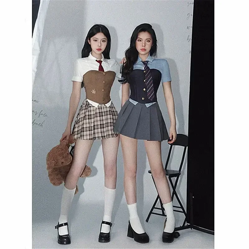 Uniforme scolaire sexy pour femmes, corset japonais Y2k, chemise à manches courtes en émail, jupe plissée, fille chaude coréenne