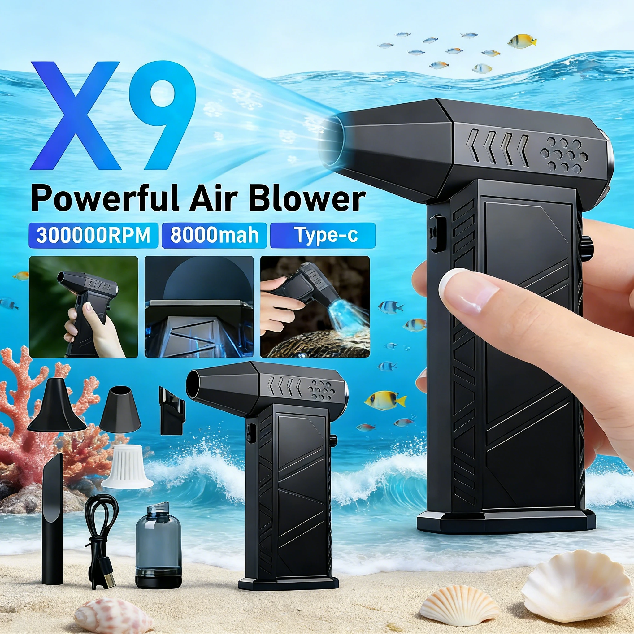 

Бесщеточный жестокий вентилятор X9, 300000 об/мин — турбореактивный вентилятор 2-в-1, вакуумная зарядка типа C, специальный вентилятор для жестокой очистки, изысканный