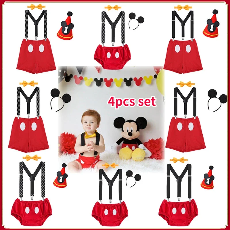 Baby Cash Outfit Infant Mickey Cosplay Costume 1st Birthday Party Suspenders+shorts+bowtie+cap Newborn Photograph PP Pants Set