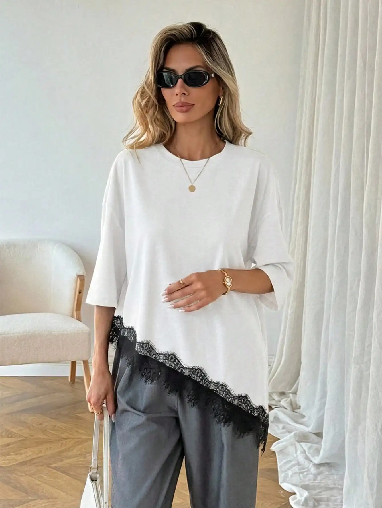2026 Summer New Arrival Women's Oversized Ruffle Print Leopard Print Padded Lacing Loose Fit T-Shirt image 5