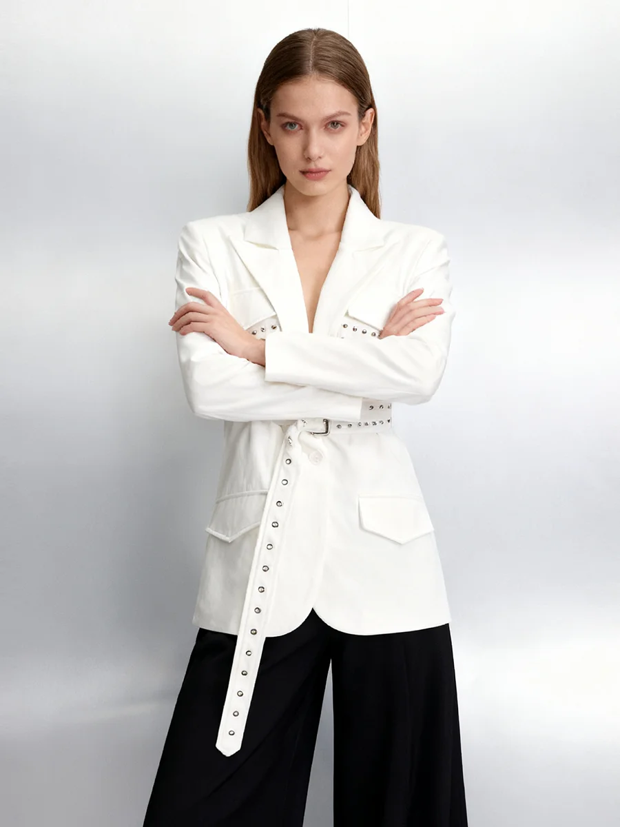 TWOTWINSTYLE Solid Spliced Rivet High Street Blazers for Women Lapel Long Sleeves Patchwork Lace Up Design Sense Blazer Female