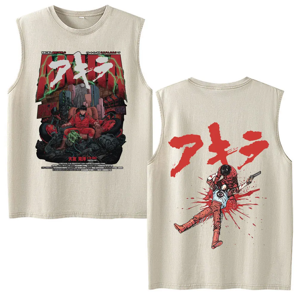 Anime Akira Neo Tokyo Japan Shotaro Kaneda Vintage Washed Tank Tops Men Women Clothing Cotton Sleeveless Vest T-shirt Streetwear