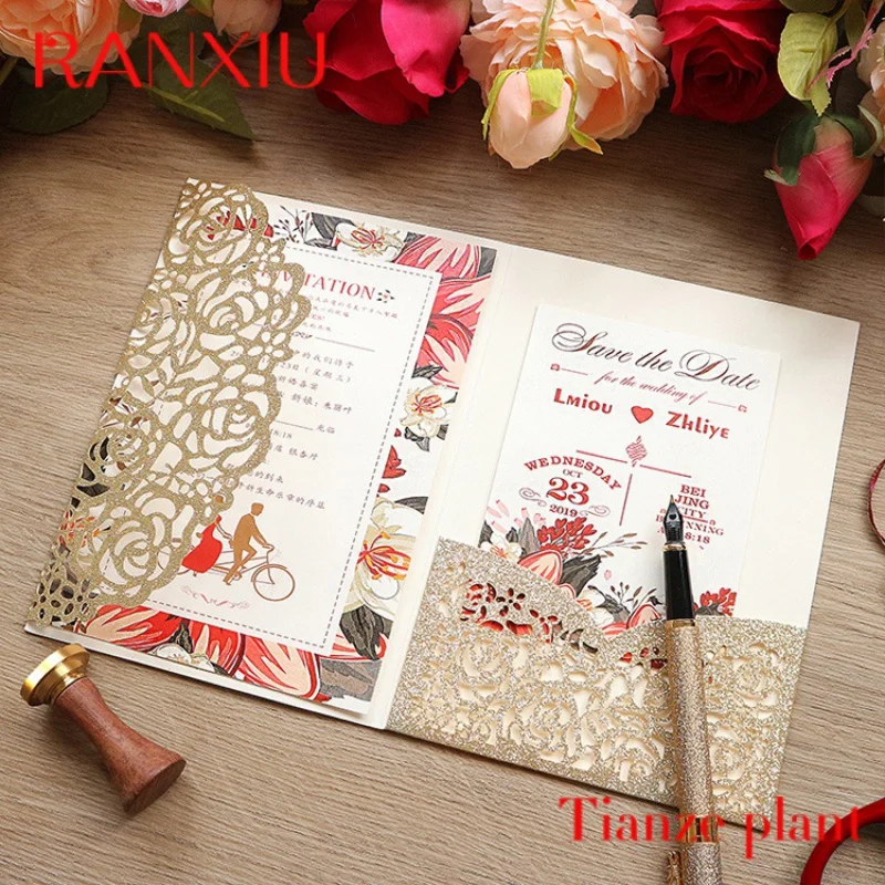 

Custom Customized Luxury Wedding Invitations Cards Kits Laser Cut Hollow Rose Pocket Wedding Invitations with Envelopes