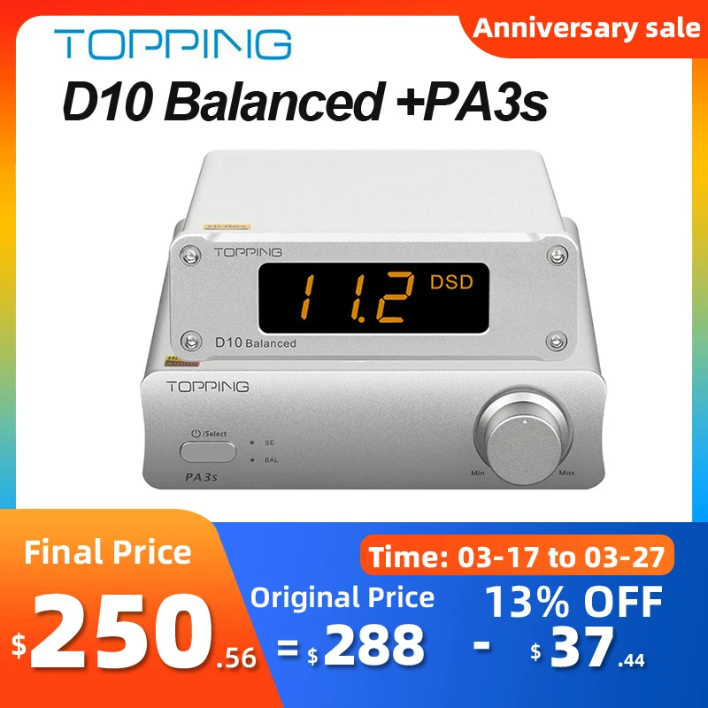 TOPPING D10 Balanced Decoder + TOPPING PA3S Power Amplifier Combo