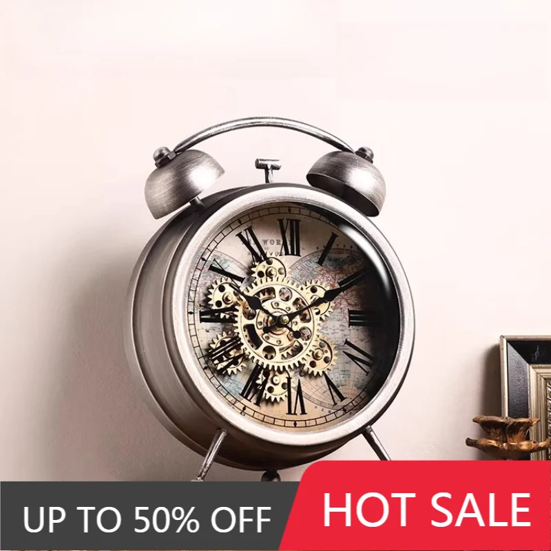 Retro Luxury Table Clocks Gear Mechanical Round Alarm Clock Living Room Silent Desktop Watch Creative Office Desk Ornament
