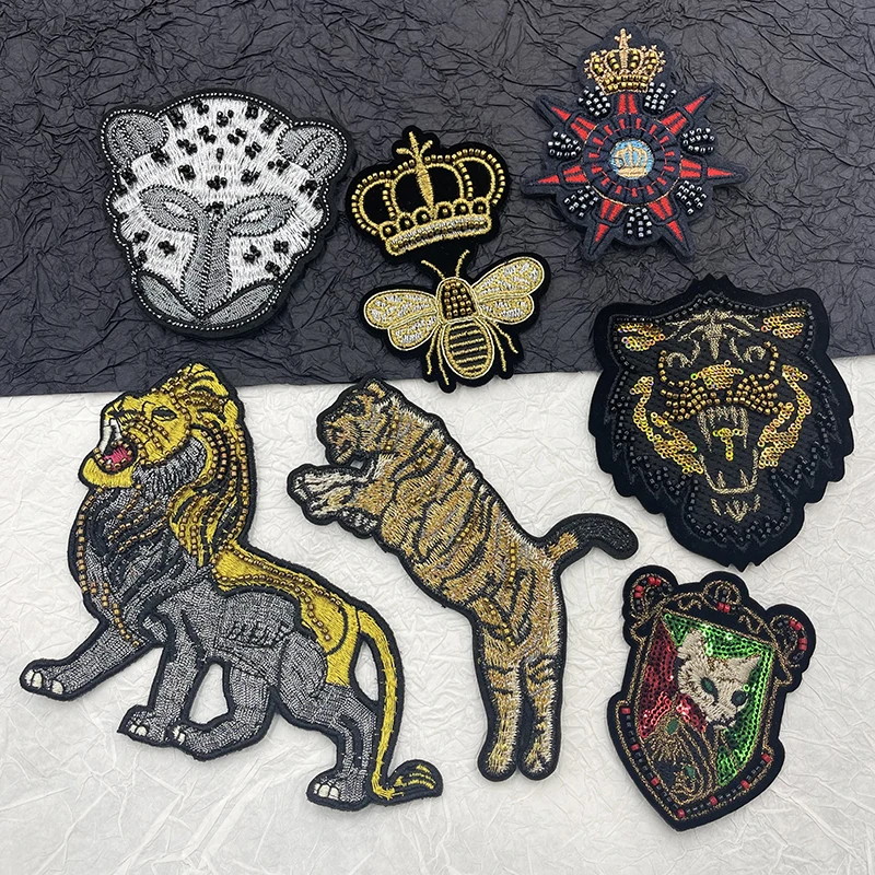 Embroidery Bee Beading Patch Crown Tiger Lion Patches Appliques Clothes Jacket Hat Badges for Clothing