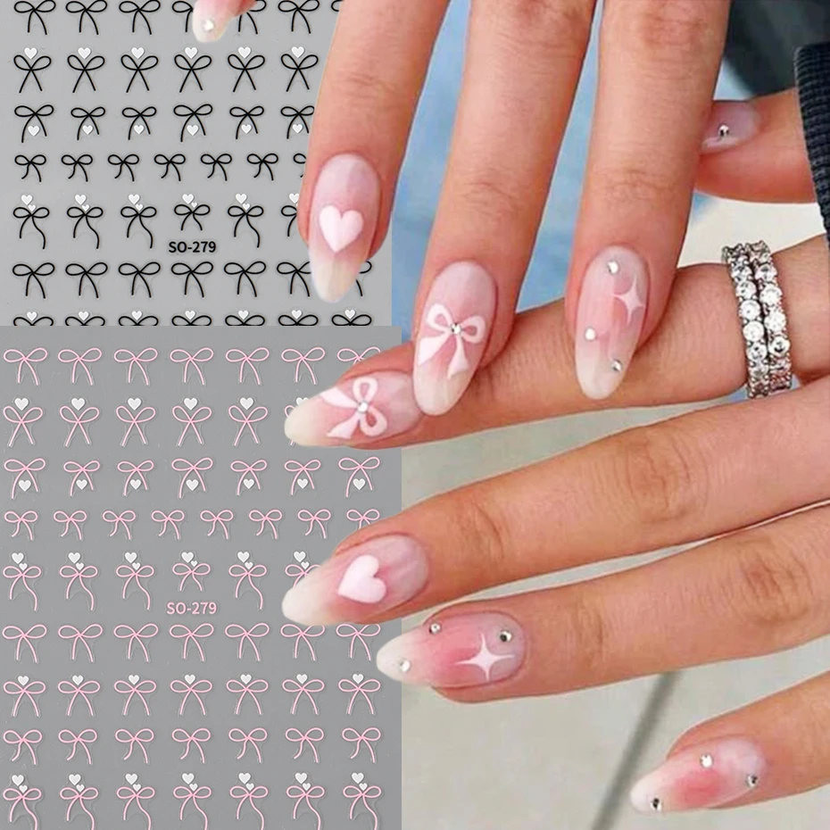 2 Stück rosa süße Mini-Bowknot-Band, Herz-Design, Nagelkunst-Aufkleber, Sommer, schwarze Schleifen, Seidenschleife, Nagelaufkleber, DIY-Nagelzubehör