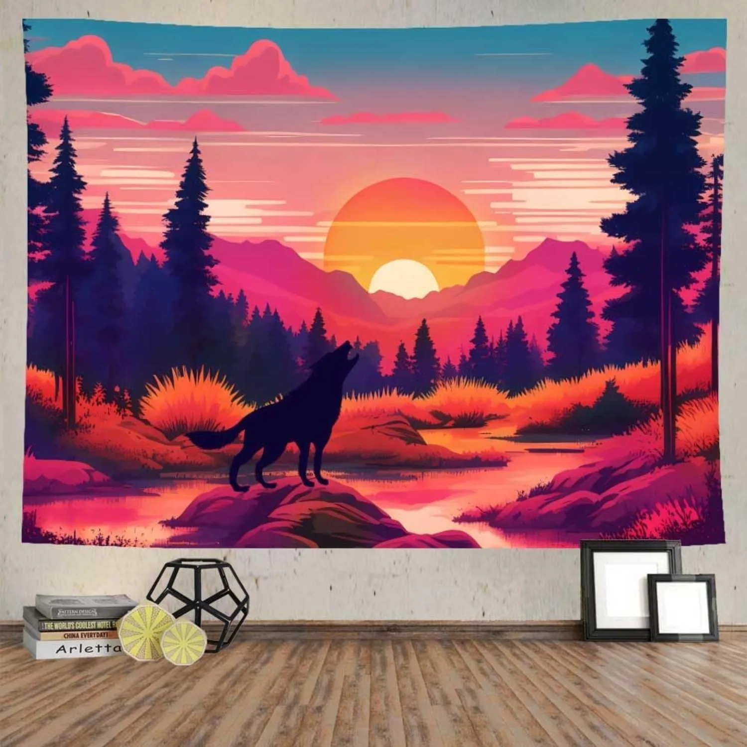 1pc Vintage-style wolf and mountain sunset tapestry, made of polyester, machine washable, suitable for bedroom living room décor