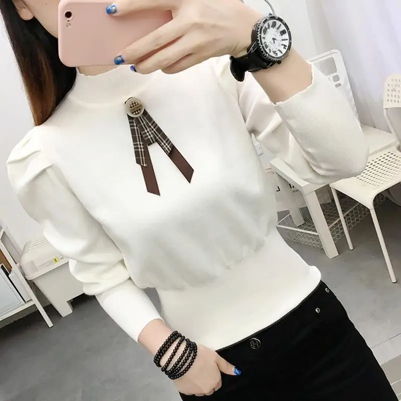 Sweet Stand Collar Spliced Bow Puff Sleeve Sweaters Female Clothing 2024 Spring New Loose Knitted Korean Pullovers Casual Tops