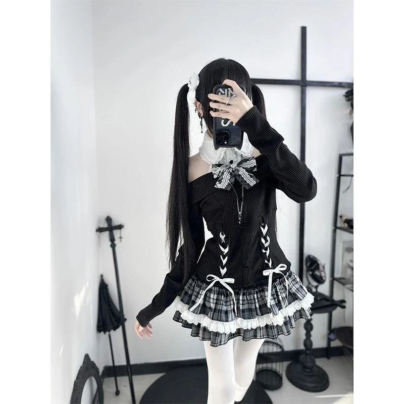 かわいい日本の秋のセーター + ショートスカート ツーピース スラッシュネック ニット ジャンパー Y2K ヴィンテージ サブカルチャー パンク ガール服