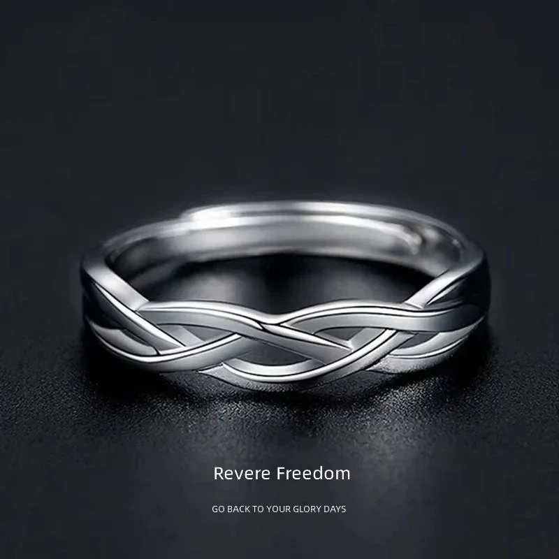 Blue Silk Wrapped Men Ring Simple Versatile Interwoven Design Celibacy Hip Hop Tail Ring Diamond Accent Silver Plated Open