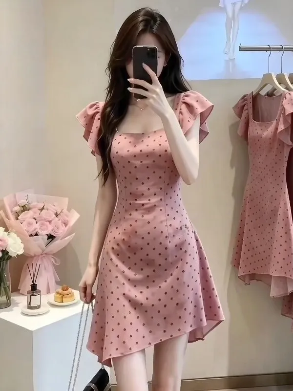 

Sweet Polka Dot Summer Dress Women's Short Waist Cinched Blouse Style Square Collar A-Line Skirt Floral Lace Sleeve Dresses