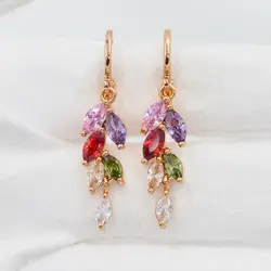 High Quality Gold Color Women Fashion Multicolor CZ Leaf Leaves Dangle Earrings Jewelry