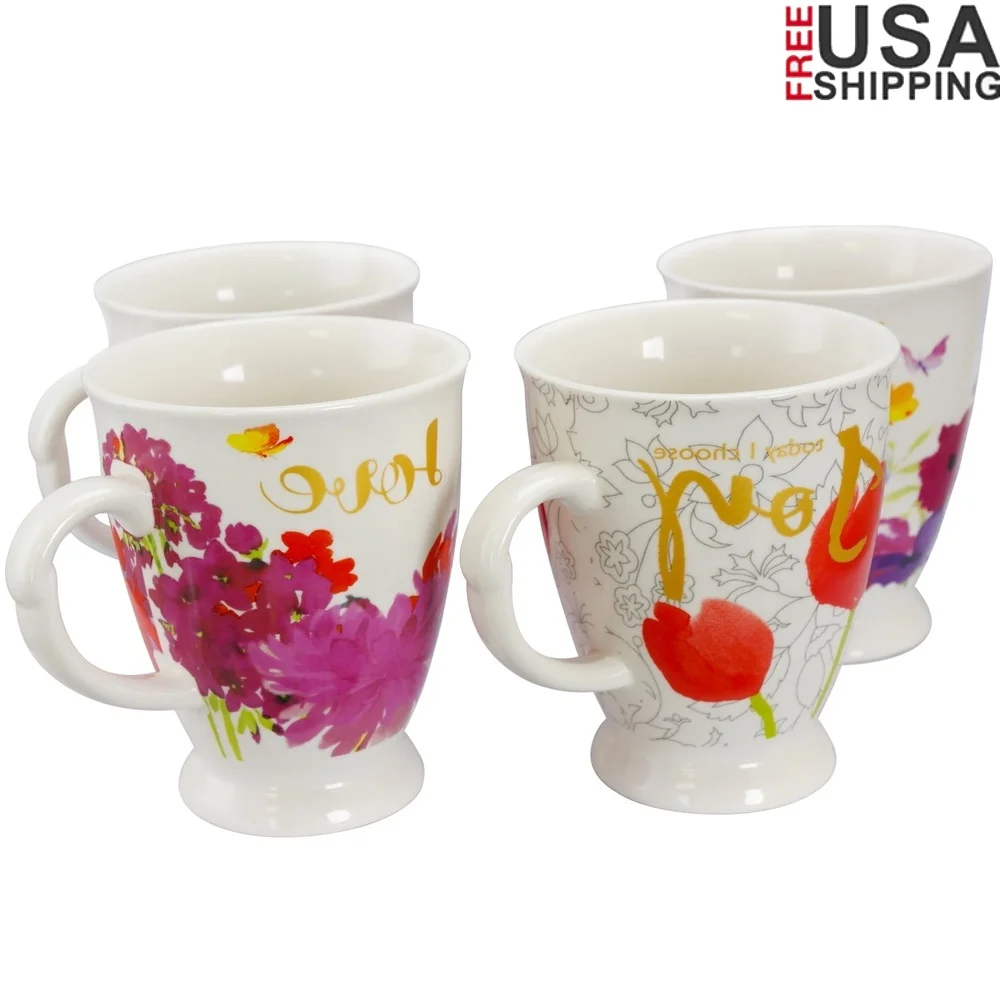 

Set of 4 Stoneware Mugs 17.4 oz Floral Design Coffee Tea Cups with Positive Messages Dream Joy Faith Love