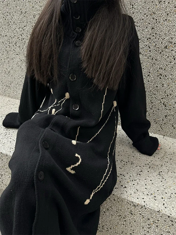 FANTASTION 音符プリント ウールブレンド カーディガン オーバーサイズ ミッドレングス コートガン ハイネック ユニセックス セーター 秋冬用