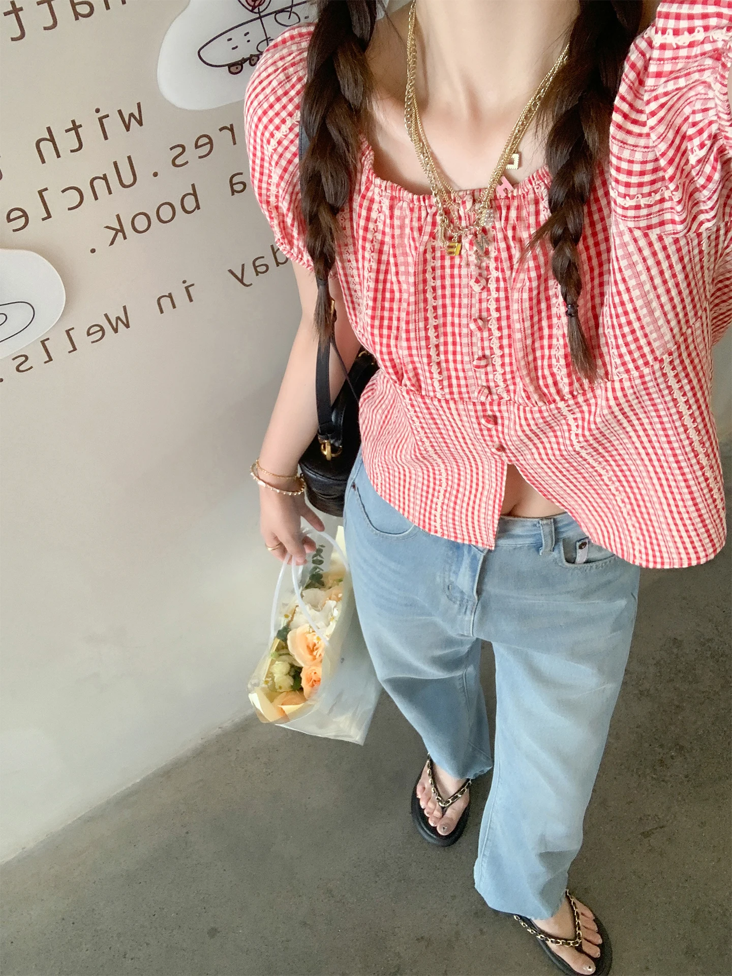 

Korean Style Sweet Plaid Bubble Sleeve Short Sleeve Shirt Women's Summer New Top Square Collar Checkered Fabric Breathable