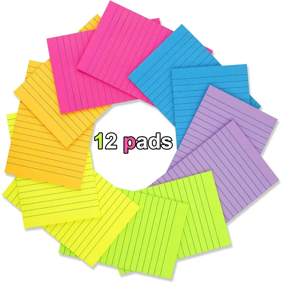 Confezione da 12 foglietti adesivi a righe da 4x6 in adesivi a righe con potere super adesivo per ufficio e uso domestico Colori vivaci Ideale per Remi