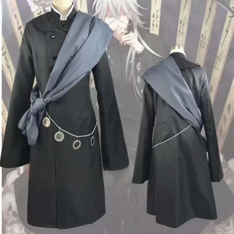 Anime Black Butler Kuroshitsuji Undertaker Cosplay Costume with Hat Halloween Carnival Roleplay Suit Black Robe Cloak Scarf Set view 2