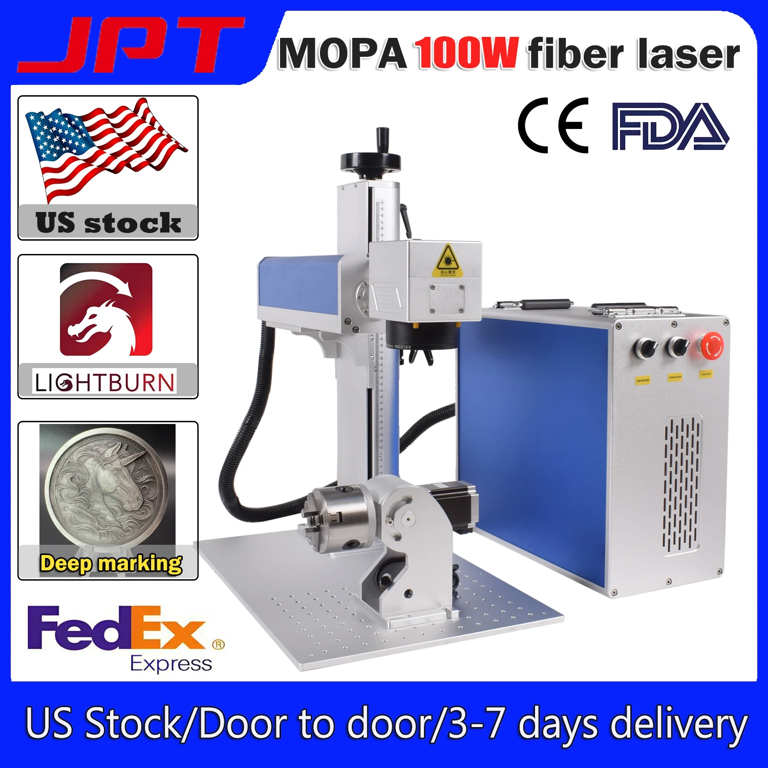 Laser JPT M7 MOPA 100W Fiber Marking Machine 110x110mm/300x300mm working lens marking on Metal steel with Rotary Axis