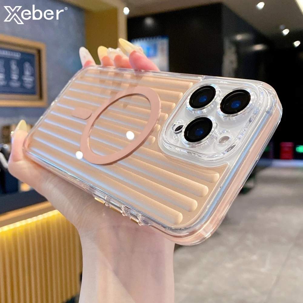 

Роскошный чемодан с 3D-полосным узором для Magsafe, магнитный чехол для iPhone 17, Air 14, 15, 16, Pro Max, противоударный чехол с беспроводной зарядкой