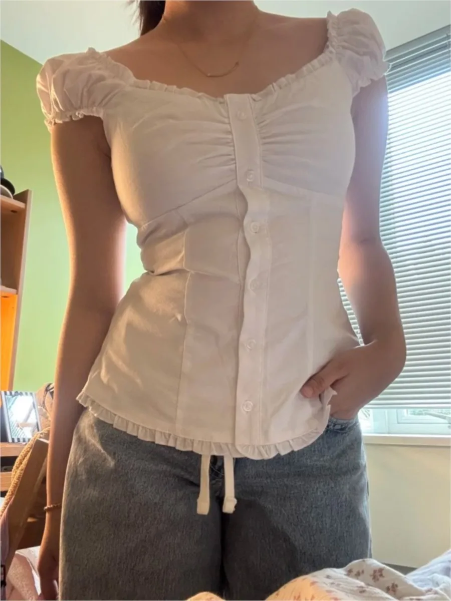 

Sweet White Folds Blouse Top Women New Casual Single Breasted Ruffle Sleeveless Tank Tops Vest Preppy Style Basic Camisole Y2K