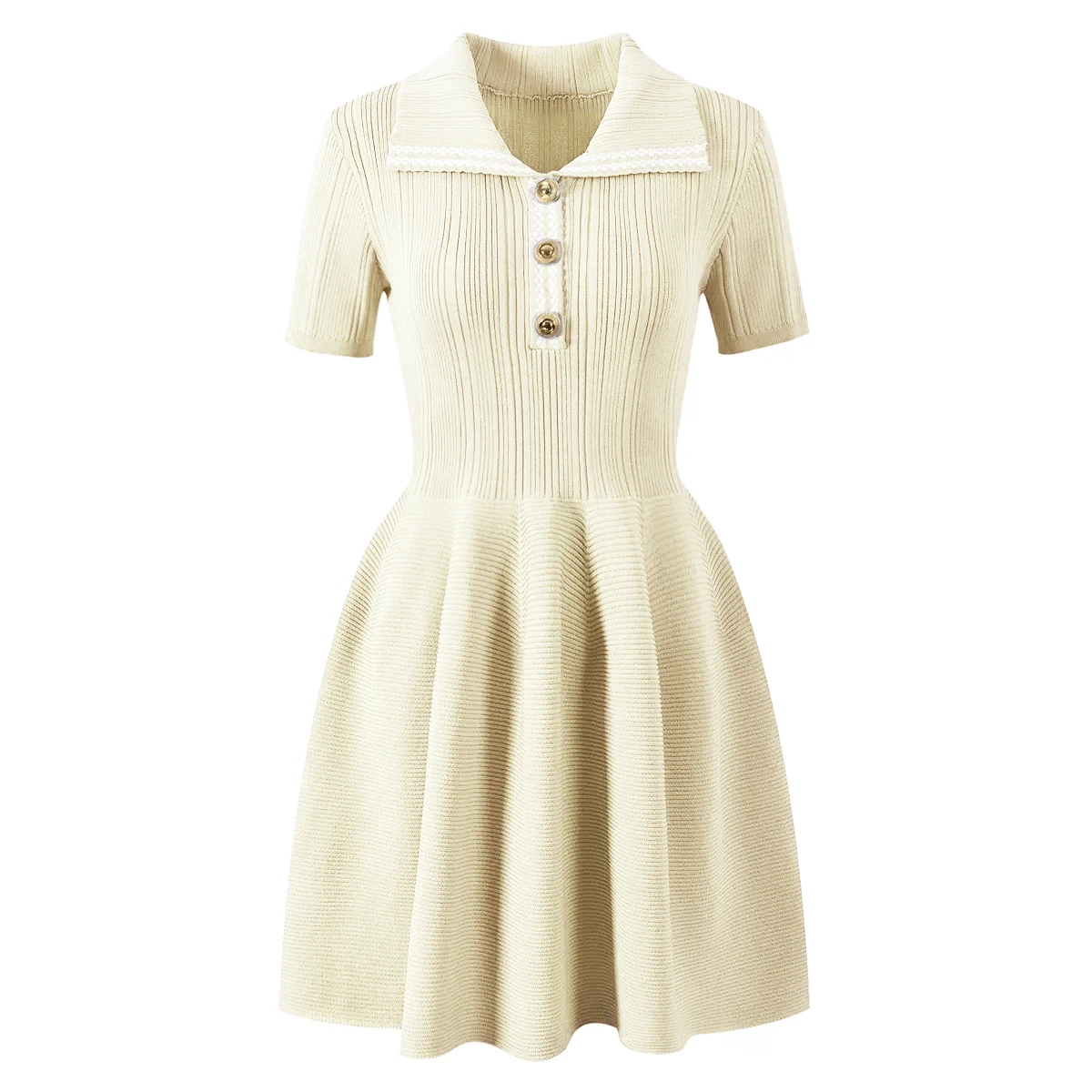

High Quality Elastic Knitted New Fashionable Lapel Button Short Sleeved Slim Fit Big Swing Temperament Women's Dress