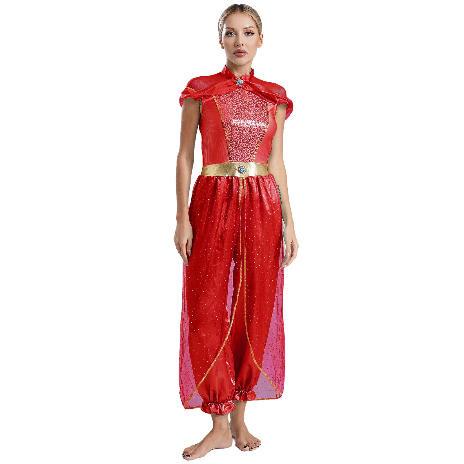 

Women Arabian Princess Belly Performance Costumes Rompers Sequined Overlay One Piece Shiny Jumpsuit Halloween Cosplay Costume