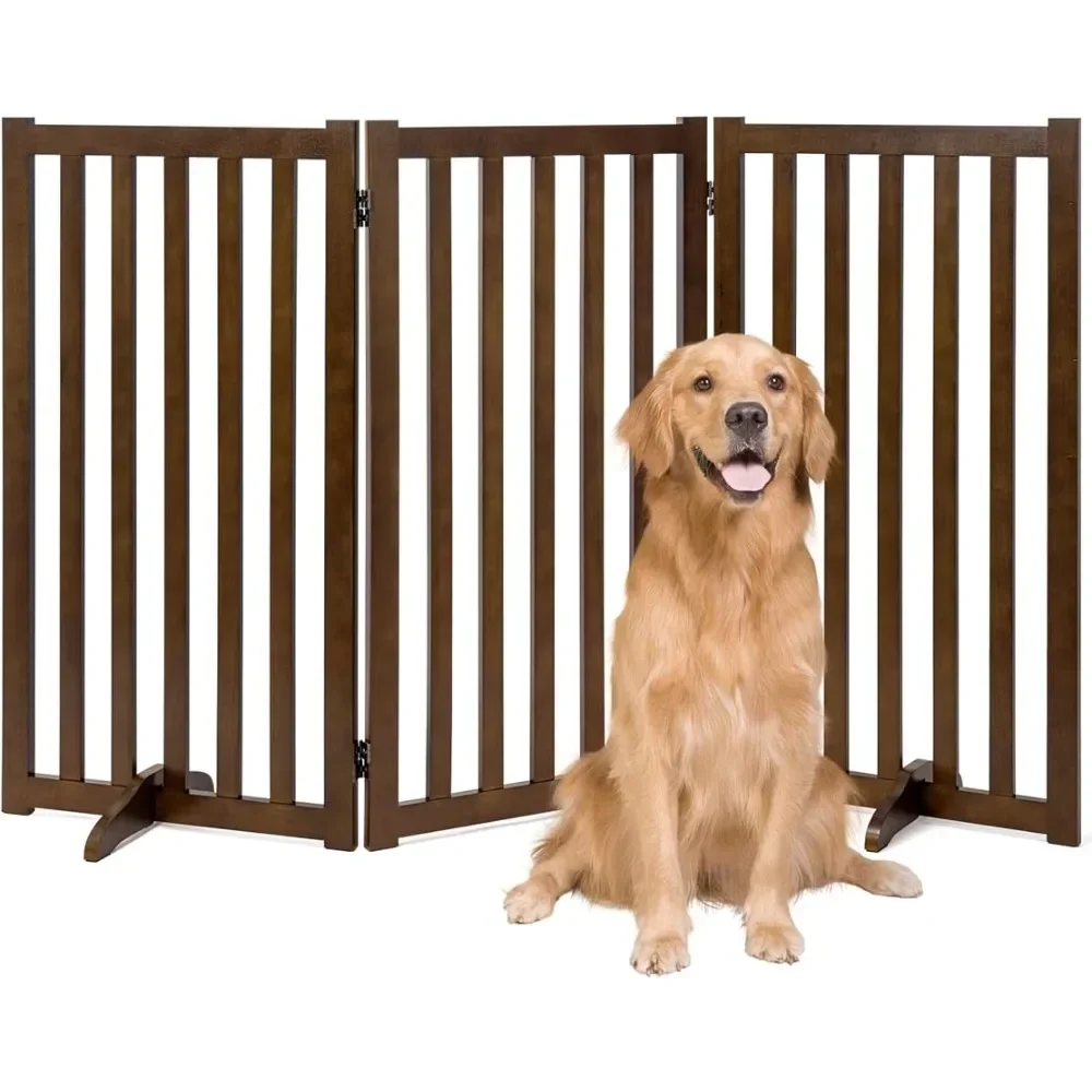 

36 inch high independent pet door, solid wood folding safety fence, wooden dog door with 2 supporting feet, walnut wood