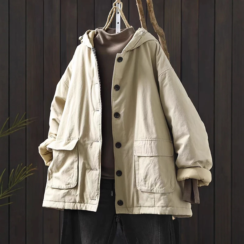 

Women Casual Parkas New Arrival 2025 Winter Simple Style Double Pockets Solid Color Loose Female Thick Warm Hooded Coats M2085