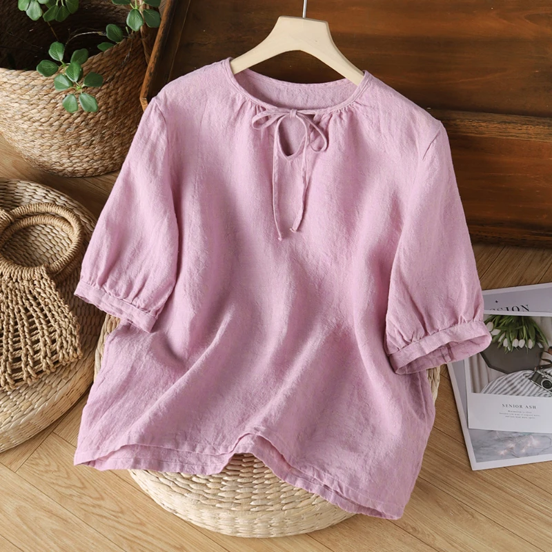 2024 New Summer Thing Vintage Ethnic Style Loose Fitting Short Sleeved Solid Round Neck Lace Up Pleated Women's T-shirt Top