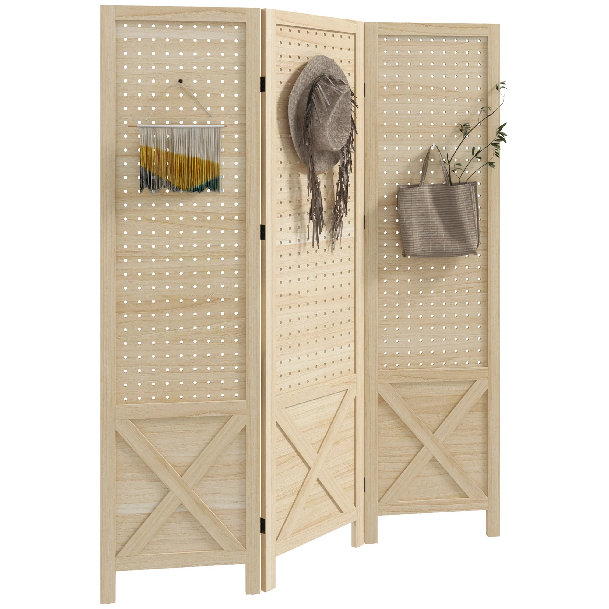 Paravent intérieur en bois 3 panneaux séparateur de pièce pliable panneau perforé 114 x 1,7 x 144,5 cm bois naturel