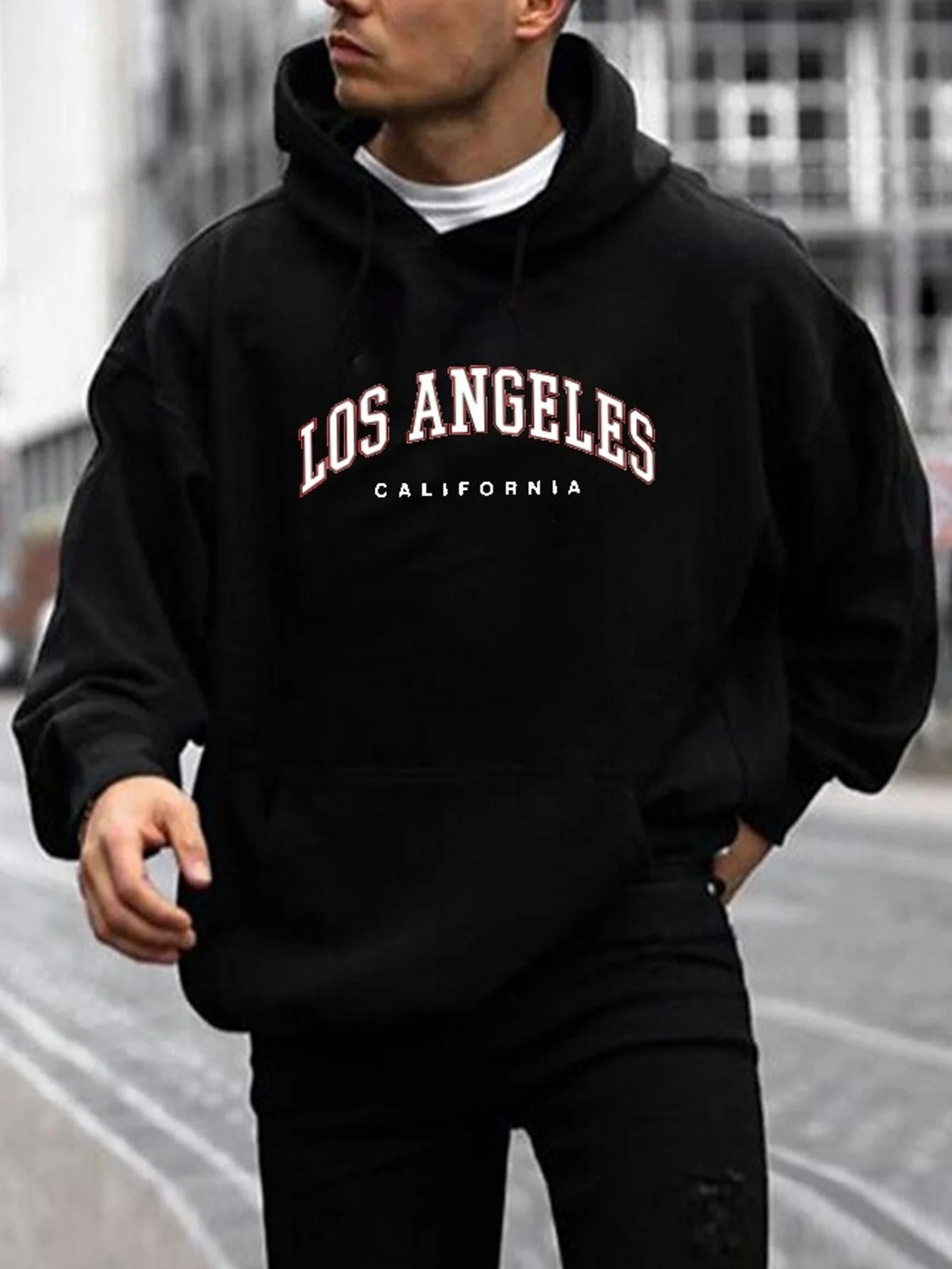 LOS ANGELES Print Hoodie, Cool Hoodies For Men, Men\'s Casual Graphic Design Pullover Hooded Sweatshirt With Kangaroo Pocket