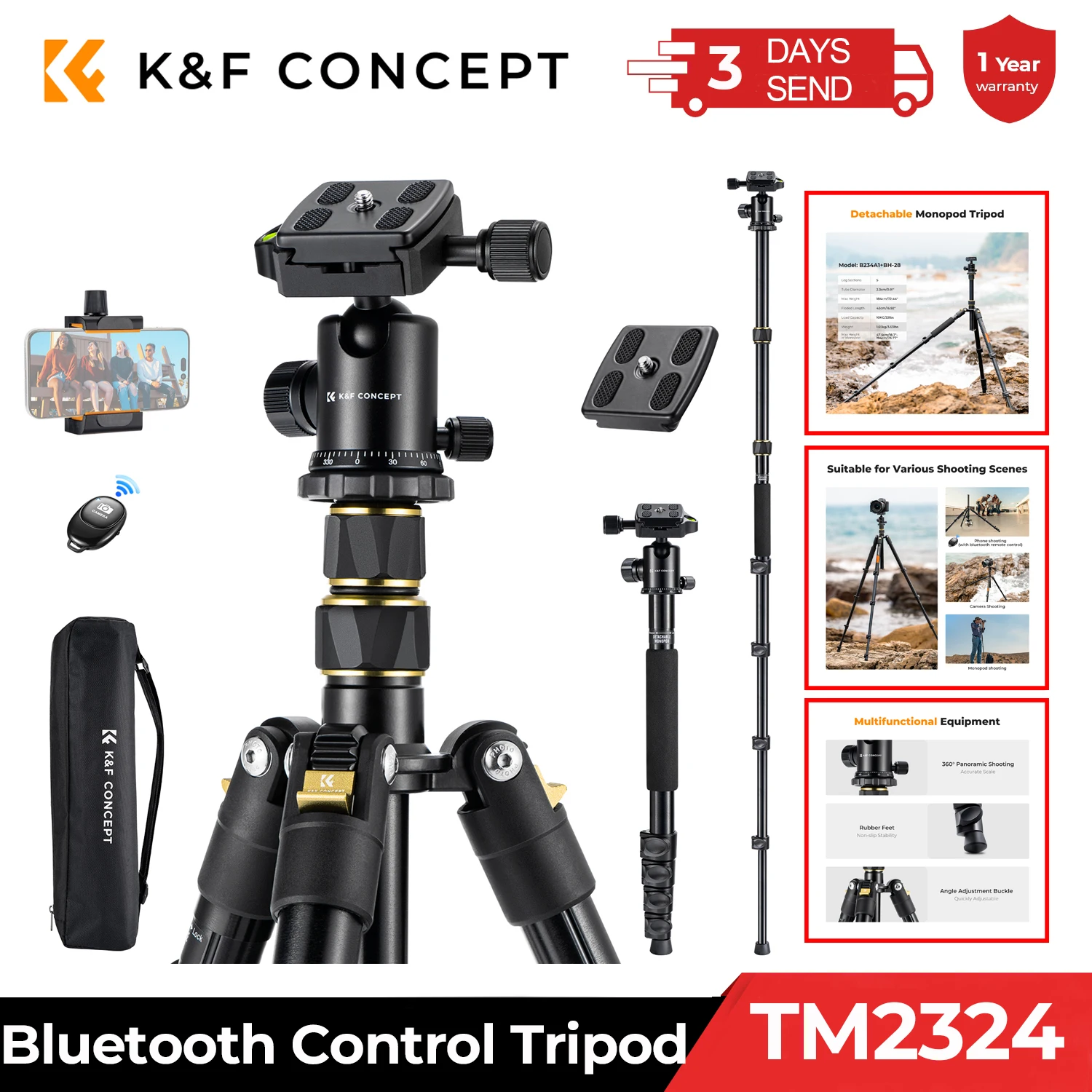 

K&F CONCEPT Новый штатив для камеры 72 дюйма/1,84 м с пультом дистанционного управления Bluetooth Легкий и компактный алюминиевый штатив для DSLR B234A1 + BH-28