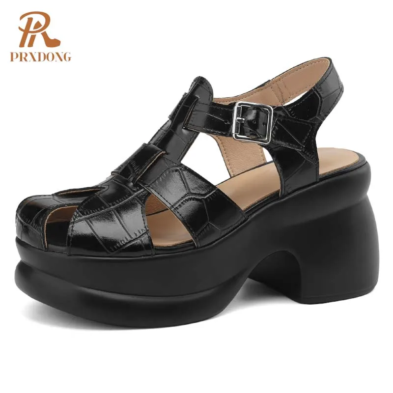 

PRXDONG Women's Shoes 2024 Brand Genuine Cow Leather Summer High Heels Platform T-strap Black Beige Dress Casual Lady Sandals 39