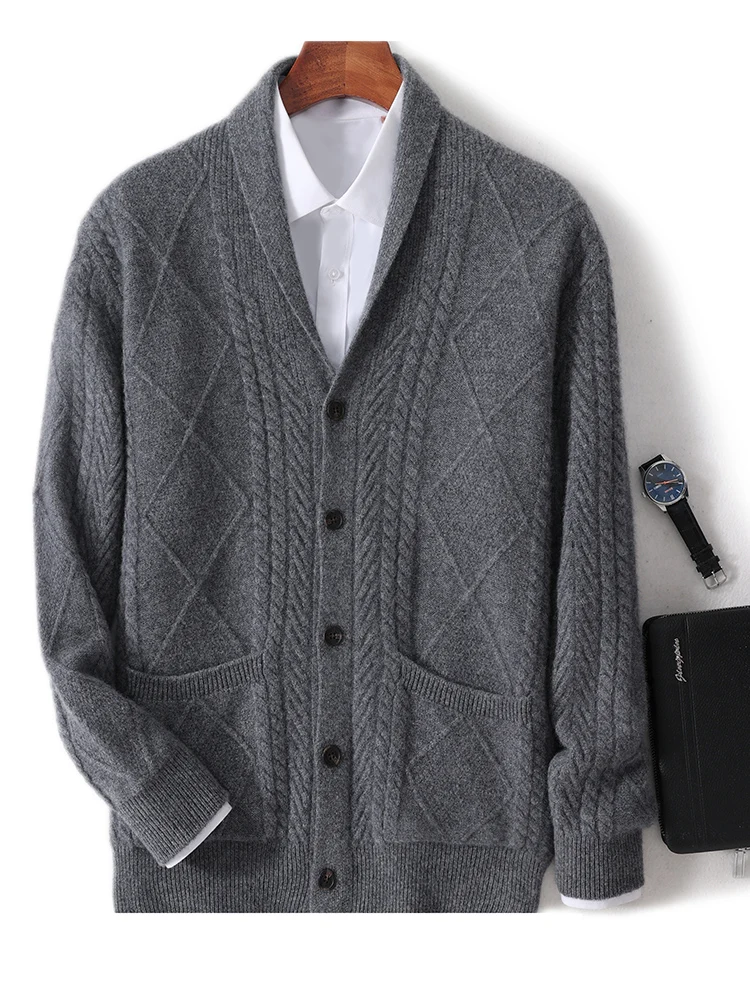 Thick Men’s Sweater Cardigan Autumn Winter 100% Merino Wool Knitwear Smart Casual Long Sleeve Cashmere Soft Solid Coat Clothing