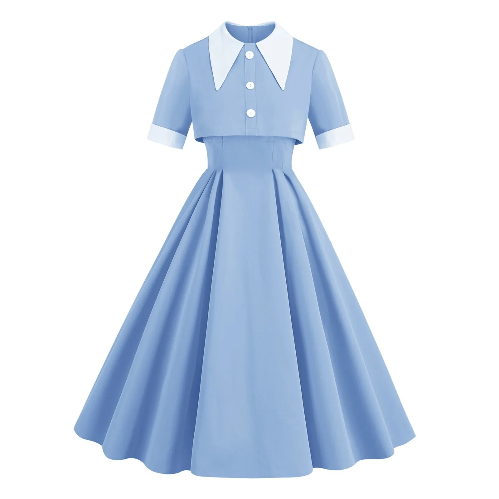 Light Blue 60s Hepburn Style Retro Vintage Dress Peter Pan Collar Short Sleeve Swing Robe Femme Women A Line Party Dresses 2024