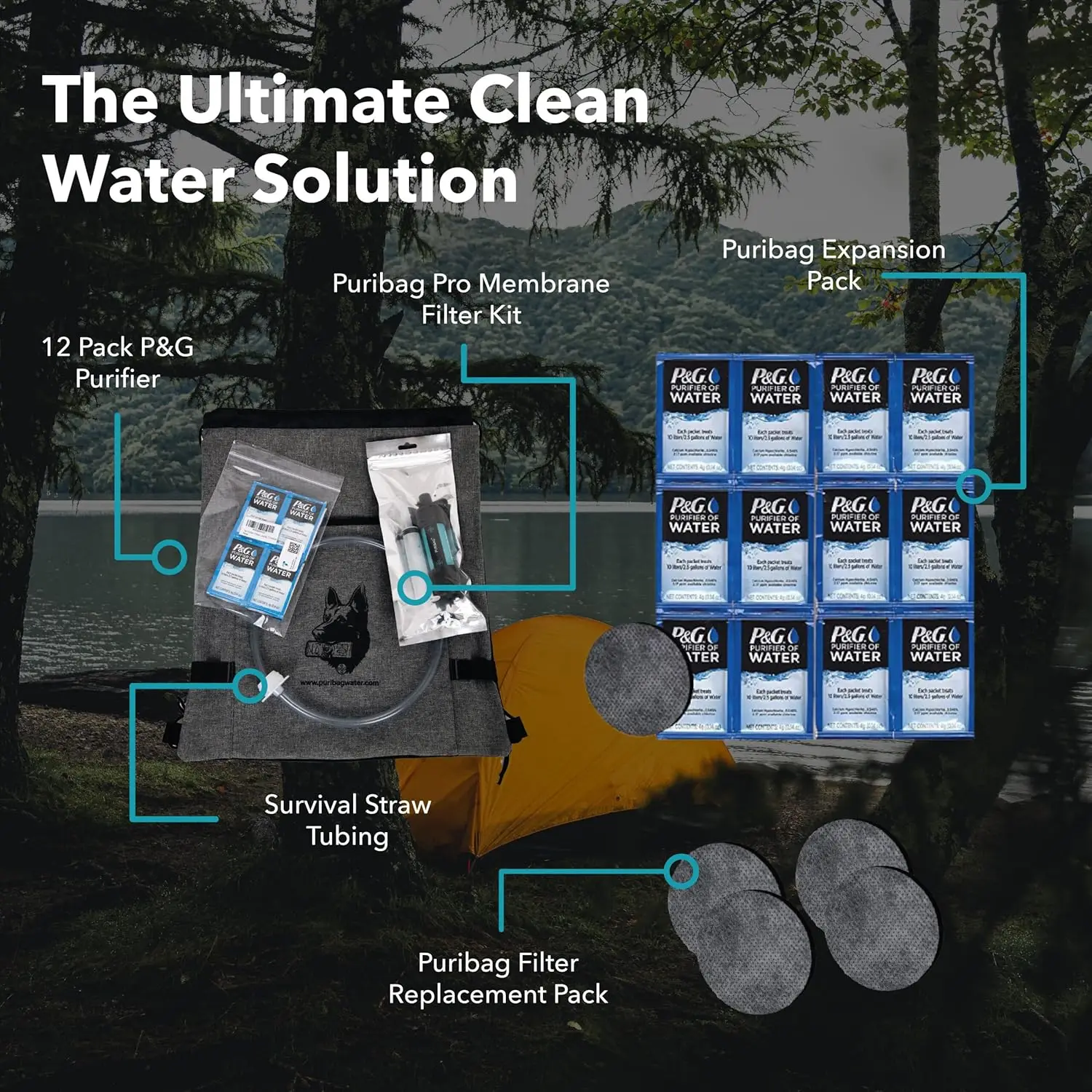 Gravity Water Filter - Portable 4-in-1 Backpacking, Camping & Emergency Water Filtration System - Hangs Anywhere, Filters Water