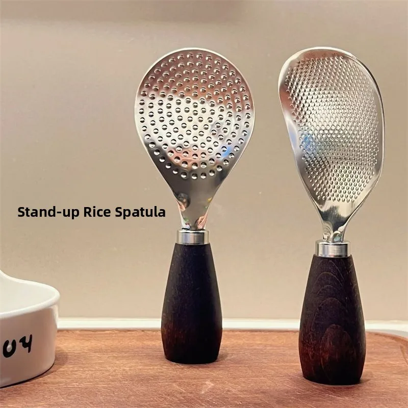 Stainless Steel Thickened Rice Spoon Stand Wooden Handle Kitchen Utensil for Serving And Cooking Home Use