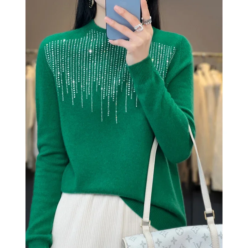 High-grade 100 pure wool sweater women's winter loose foreign style mother cashmere sweater studded knit bottoming shirt