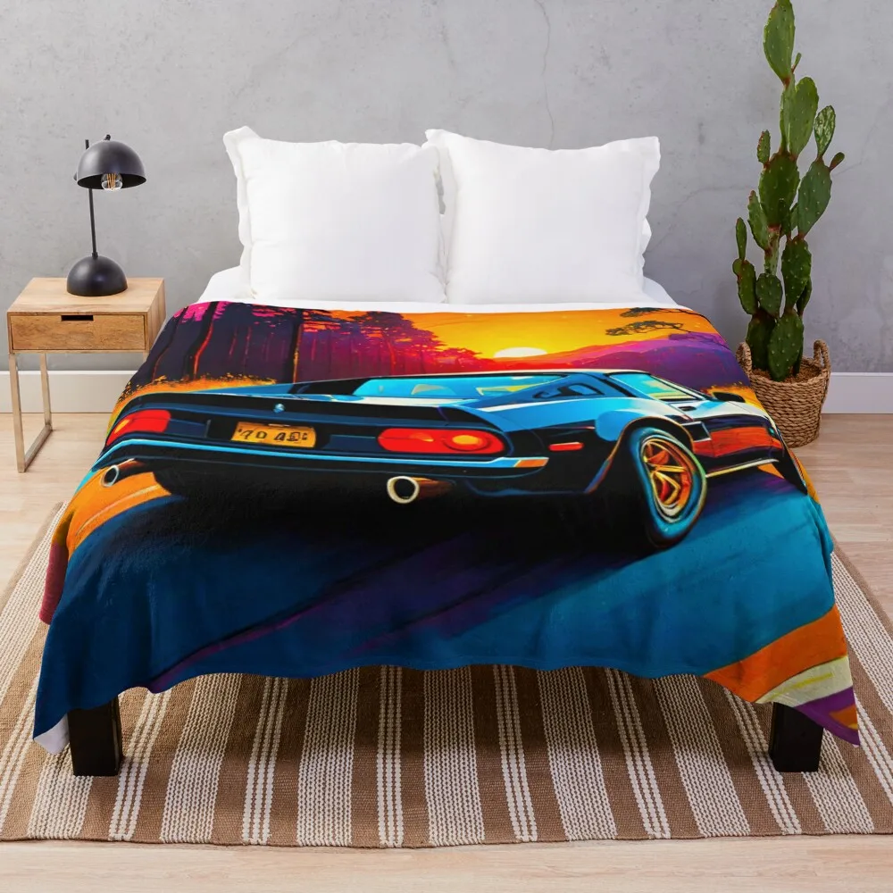 Golden Hour: Sleek Sports Car at Sunset Throw Blanket Nap Soft Plush Plaid Blankets