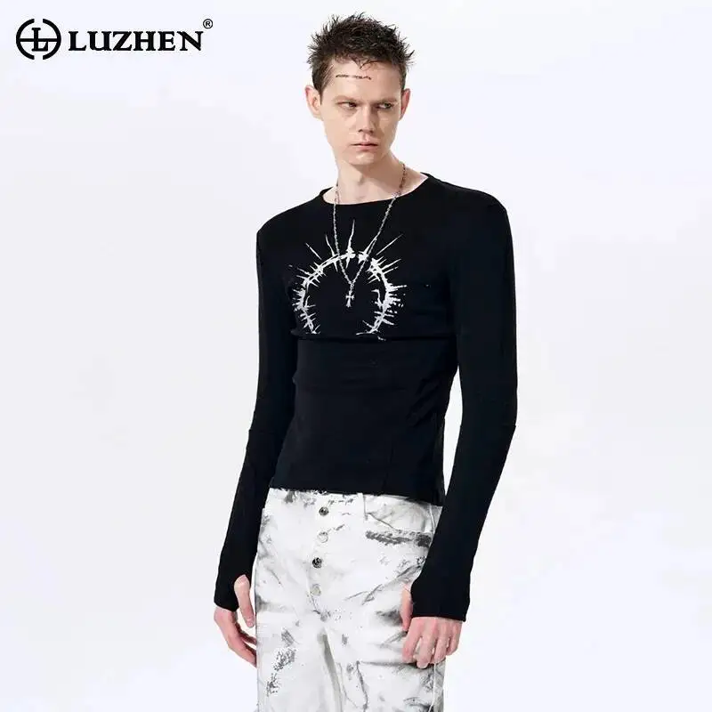 

LUZHEN 2026 Новые оригинальные мужские футболки с длинным рукавом и персонализированным принтом, модные, с круглым вырезом, приталенные, JY6469