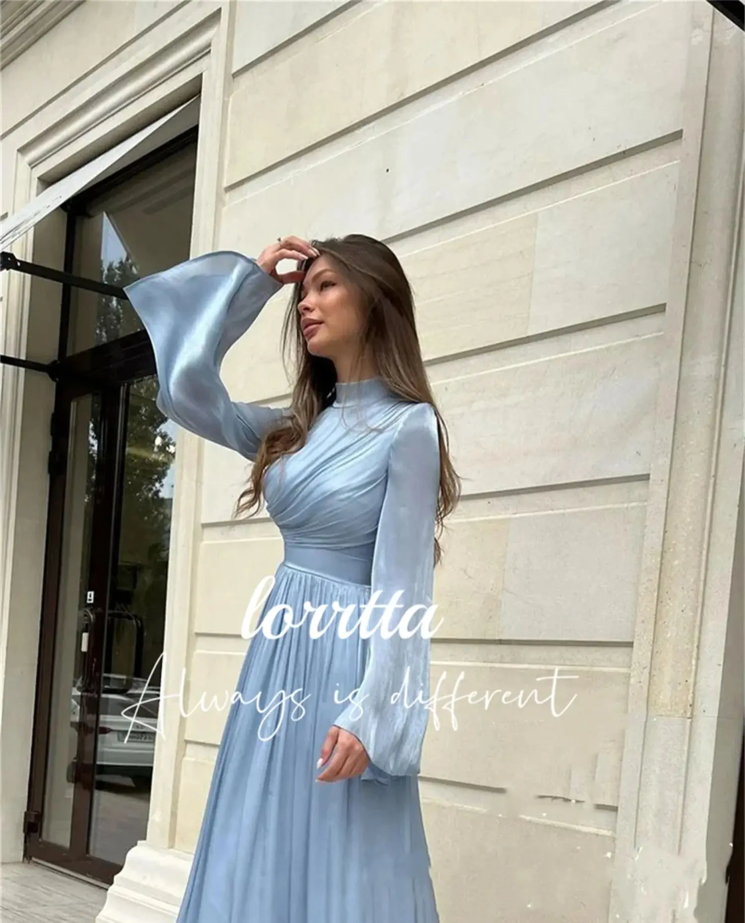 Blue Chiffon Ball Gown Long Sleeve Customized Gown Evening Gown Party Dress Elegant Saudi Arabia فساتين للحفلات الراقصة السهرة