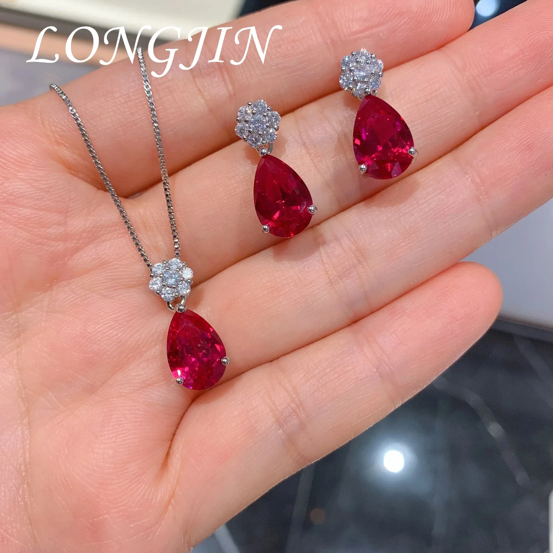 

Charms Water Droplet Small Flower Ruby High Carbon Diamond Earrings Pendant Necklace for Women Jewelry Wedding Anniversary Gift