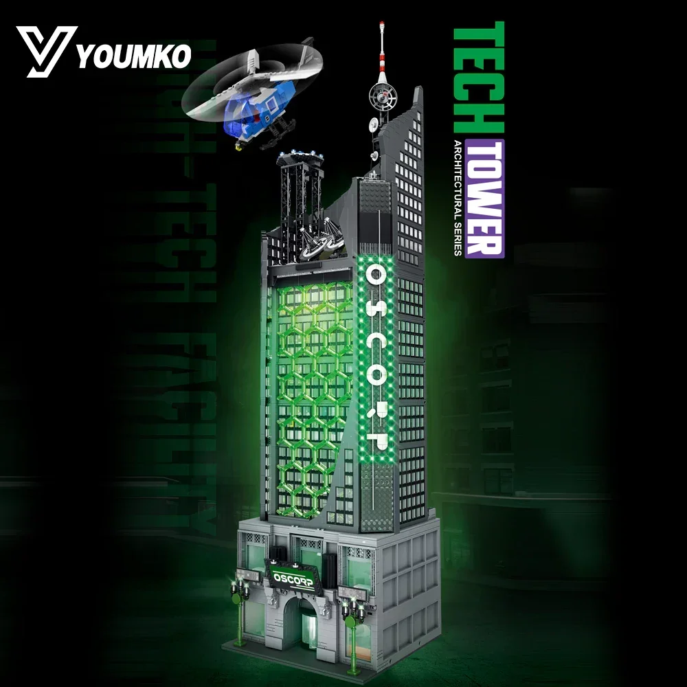 6375 ELEMENTÓW MOC Oscorps House Klocki Konstrukcyjne Filmowa Klasyczna Czarna Wieża Model Architektoniczny ze Światłem Zabawki do Samodzielnego Montażu Prezent dla Dorosłych