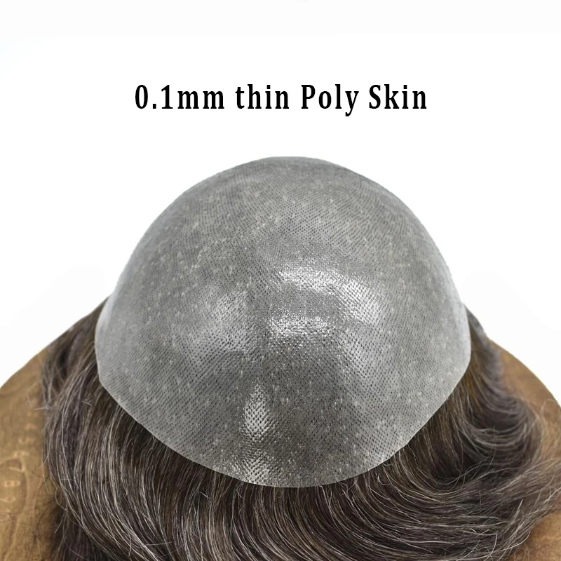 Poly Skin 0.1mm Toupee For Men Real Human Hair Replacement System Unit Natural Color Male Hair Capillary Prosthesis Hairpiece