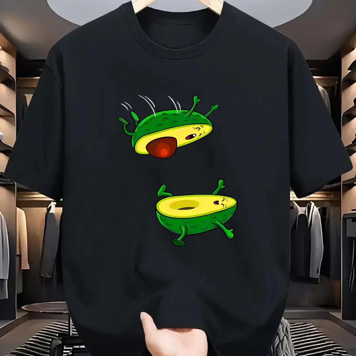 Men Casual Crew Neck T-Shirt with Geometric Avocado Print Slight Stretch Regular Fit Summer Streetwear Tee in Black