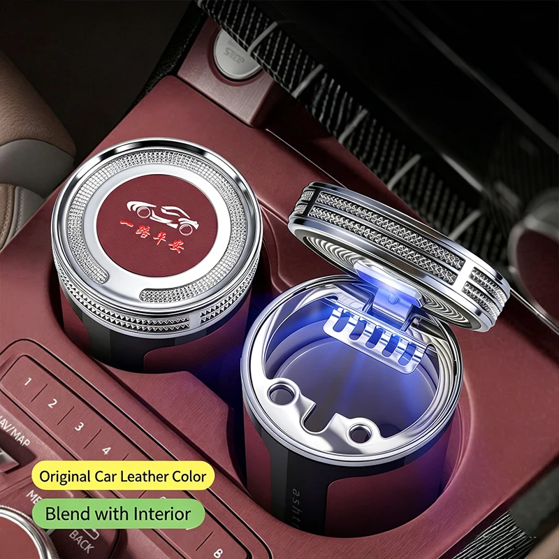 Car Ashtray with Leather Surface and Ceramic Inner Liner, Luxury Sealed Design to Prevent Odor and Ash Dispersion