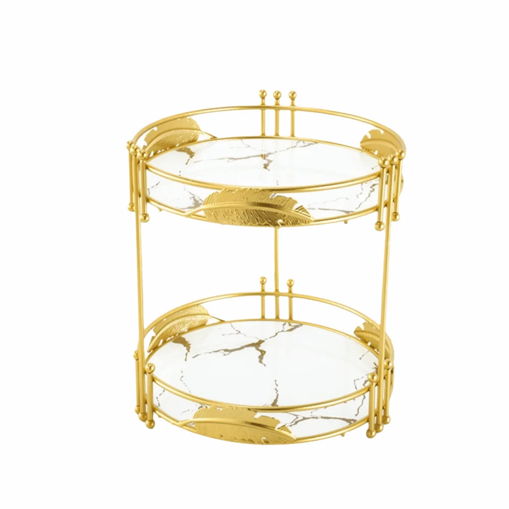 2 Tier Makeup Organizer Gold Plated Wrought Iron Desktop Shelf Detachable Tray Multi-function Cosmetics Storage Rack