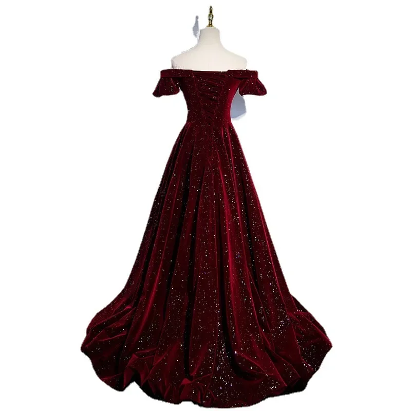 One-shoulder Wine Red Velvet Evening Dress Female Slim Waist Temperament Slim Waist Wedding Party Vestidos Elegant Prom Dresses