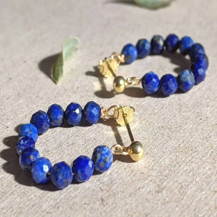 Women Faceted Round Lapis Lazuli Bead Hoop Earrings Gold Leverback Ring Drop Earrings Boho Natural Stone Minimalist Handmade